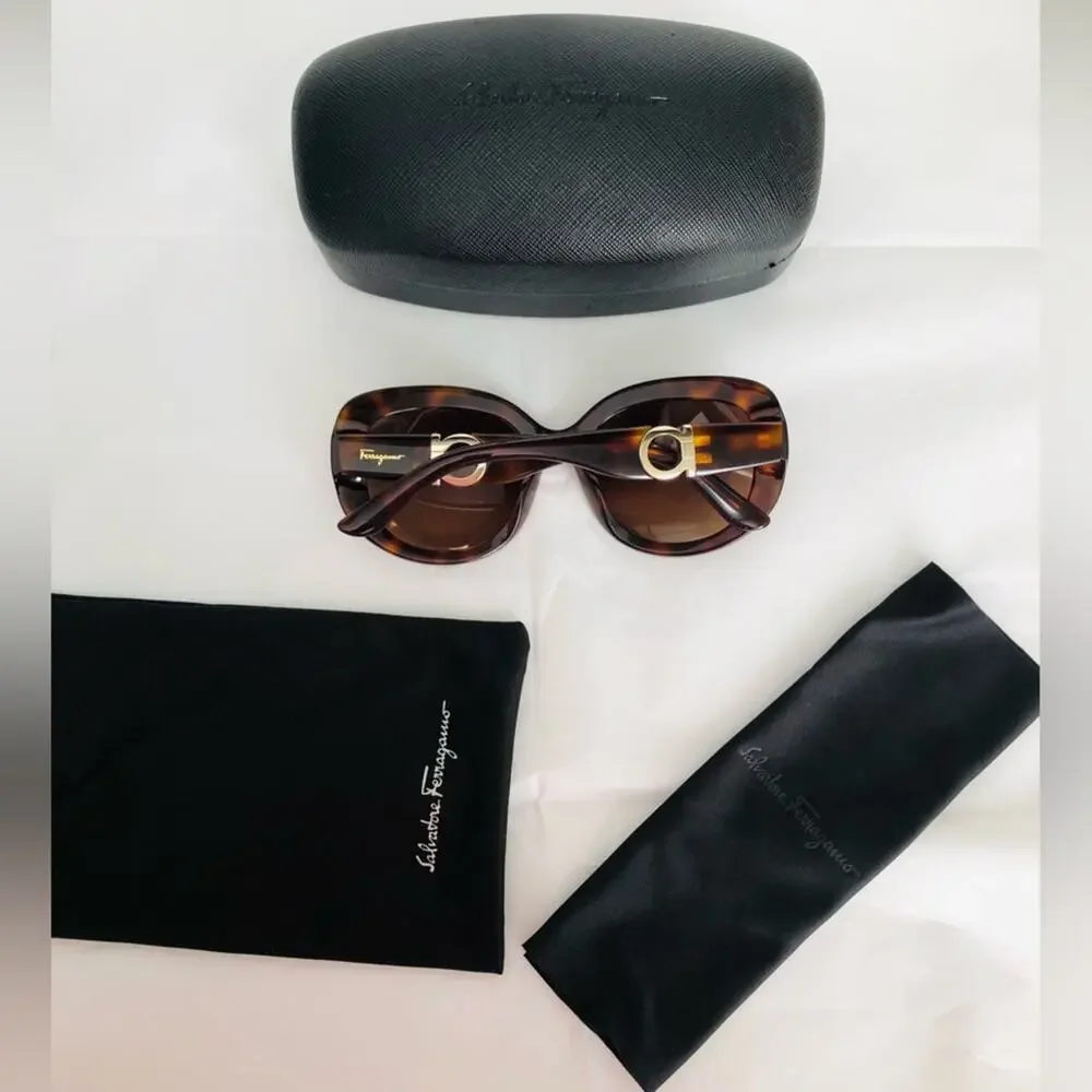 Salvatore Ferragamo Tortoise & Gold Sunglasses Case Dust Bag & Cloth Retail $475